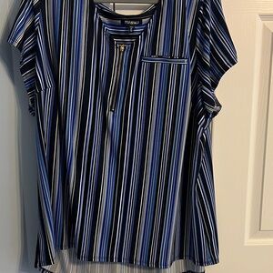 Roz & Ali Black and Blue Vertical Stripe Zip Blouse